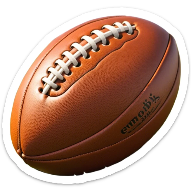 Cinematic Realistic image of a rugged rugby ball with detailed leather textures and precise stitching, rendered against a sunlit field backdrop with dynamic natural lighting that emphasizes its robust character sticker