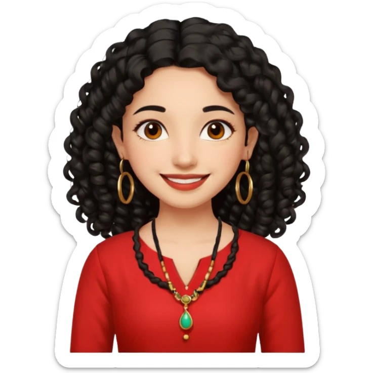 generate a pretty bratz girl with a red kurti, long black curly hair, hoops, sticker
