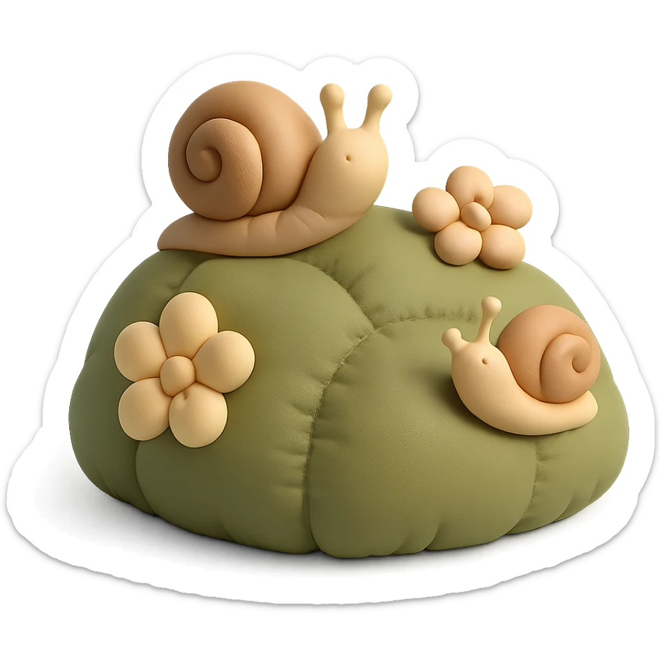 mossy rock with snails and small flowers in earthy pastel colors, cushion style sticker
