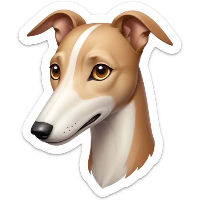 Cinematic Noble White and Brown Greyhound Portrait Emoji, Poised and regal, with a slender, aerodynamic build and a sleek Fur of pristine white accented by warm brown markings, deep-set soulful eyes, Simplified yet sharp and sophisticated features, highly detailed, glowing with a soft, dignified glow, high shine, intelligent and agile, stylized with an air of elegance, focused and attentive, soft glowing outline, capturing the essence of a watchful and swift companion, so majestic it feels as though it could dash out of the screen with effortless authority! sticker