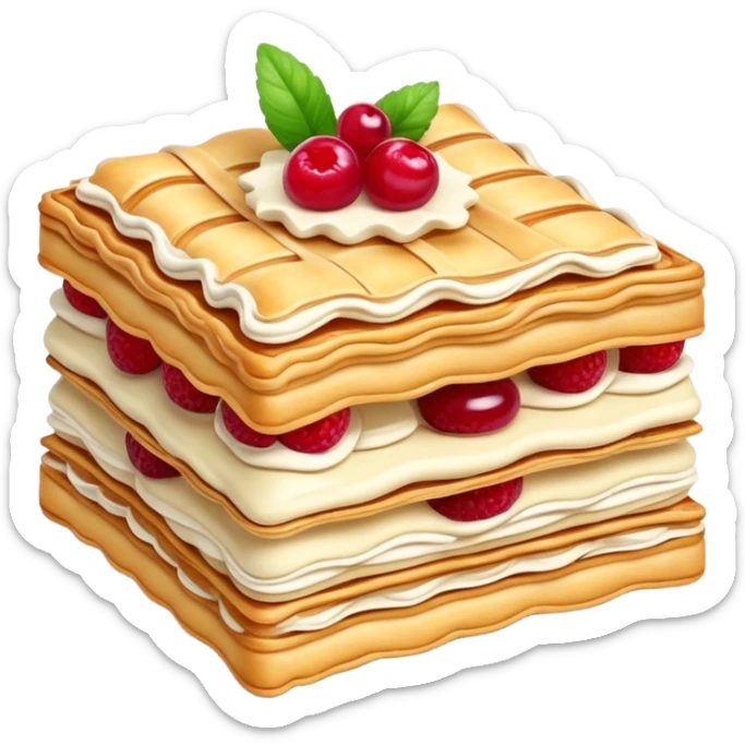Mille-feuille Cinematic Realistic Mille-Feuille Dessert Emoji, depicted as a delicate pastry composed of two crisp layers of puff pastry with a rich cream filling, rendered with intricate textures and elegant, soft lighting. sticker