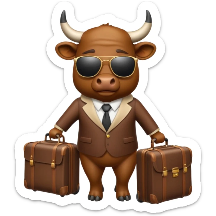 generate an emoji of a bull that is travelling. maybe wearing sunglasses or drinking a drink or carrying a suitcase sticker