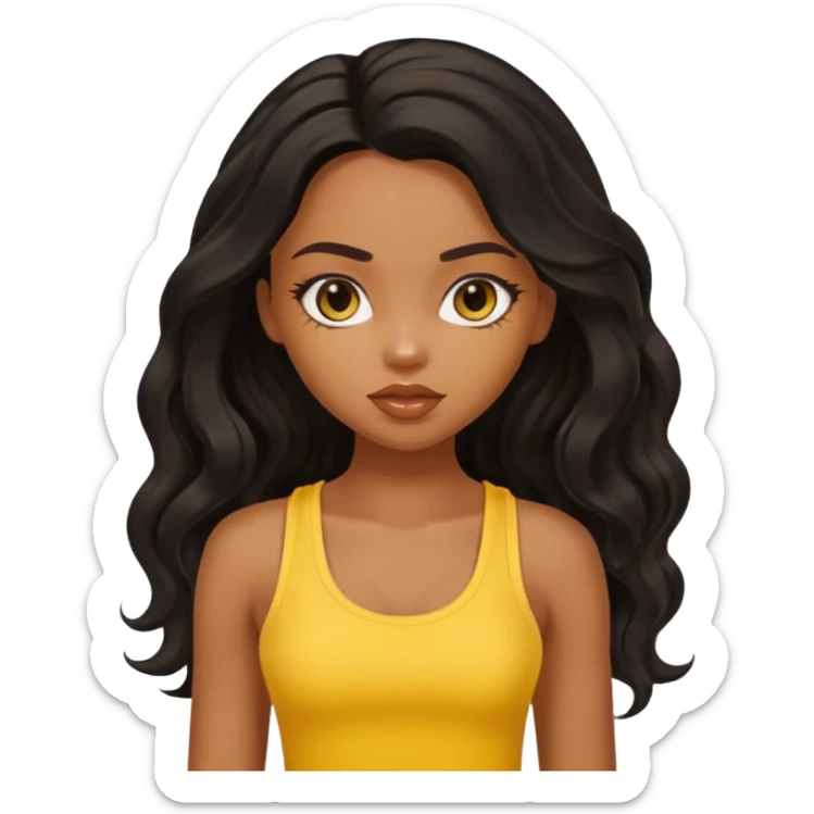 a pretty bratz dusky girl with long wavy black hair in a yellow tank top sticker