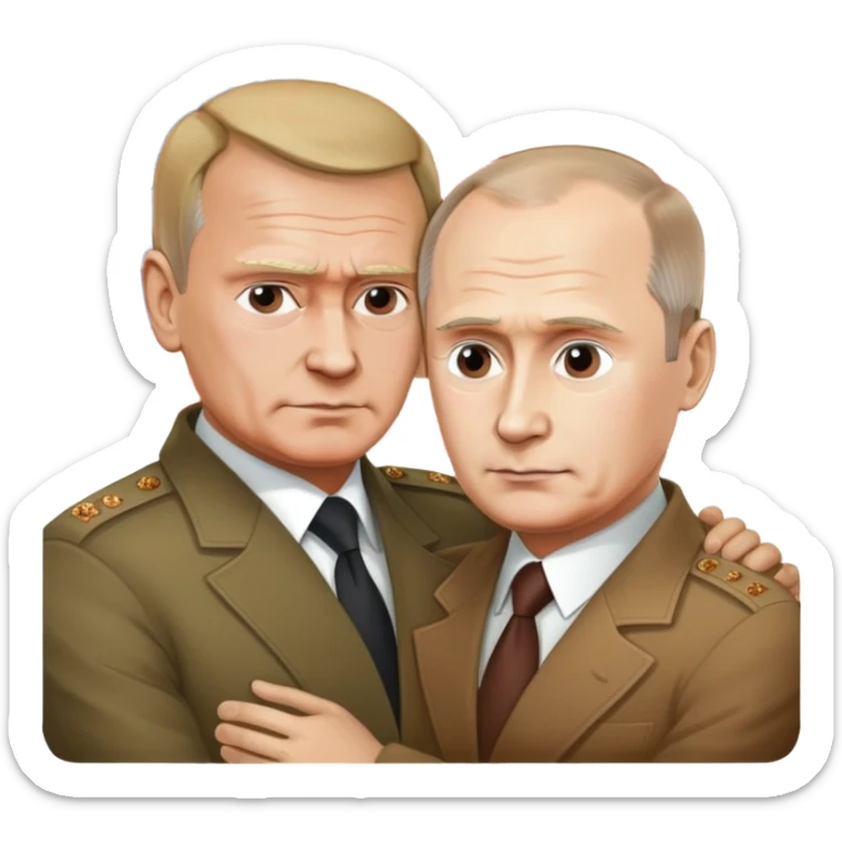 The Russian president and the US president are kissing each other. There is a war going on behind them. sticker