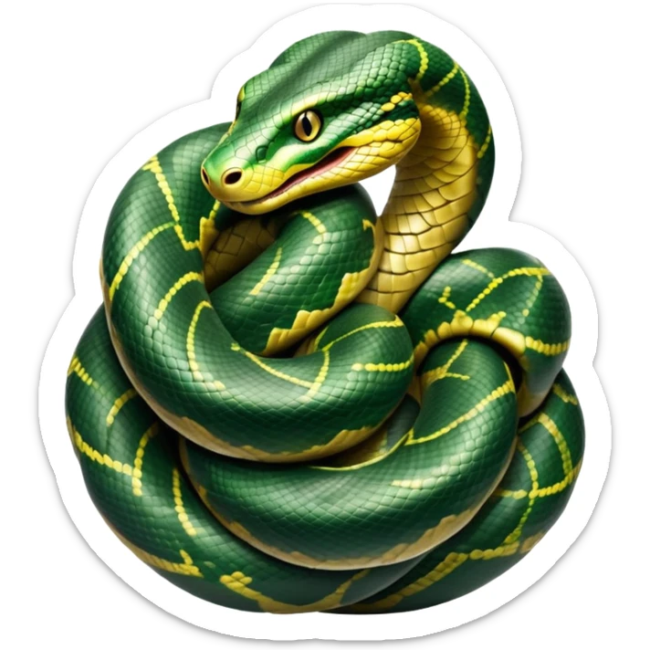 cinematic-anaconda-realistic-full-body-coiled-emoji,-thick-muscular-body-wrapped-in-powerful-loops,-smooth-green-and-black-patterned-scales-glinting-under-the-light,-head-raised-slightly,-piercing-golden-eyes-staring-intensely,-simplified-yet-realistic-focused-features,-highly-detailed,-glowing-with-an-almost-sarcastic-glow sticker