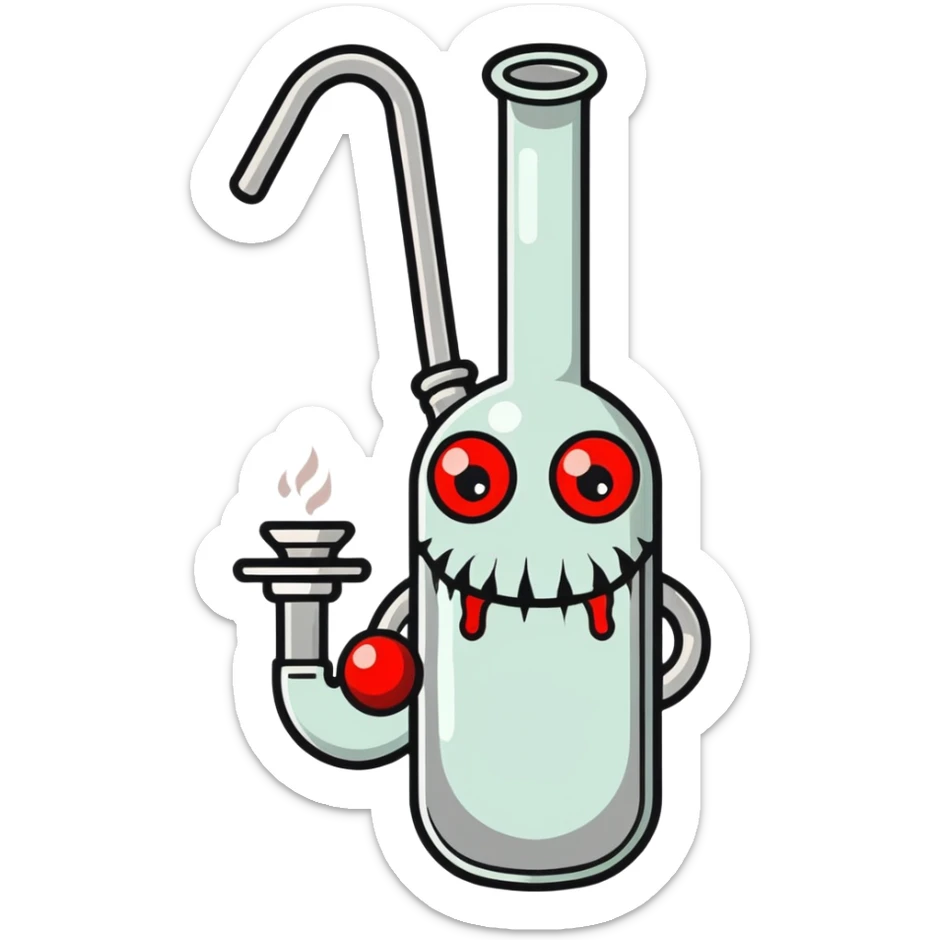 cartoon bong with bloodshot red eyes, smoke coming out from the top, slightly stoned and relaxed with a faint smile, simple or transparent background sticker