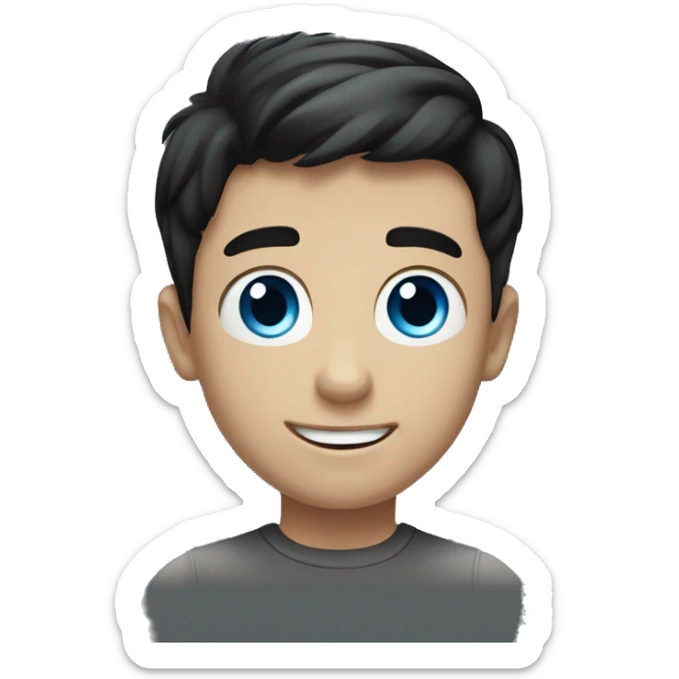 A young Caucasian boy with short black hair and blue eyes waving his hand against a black background sticker