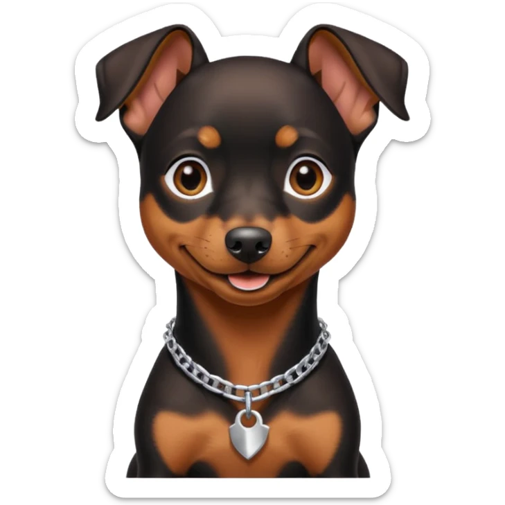 a pinscher dog black and brown sitting and smiling with a silver chain in the neck sticker