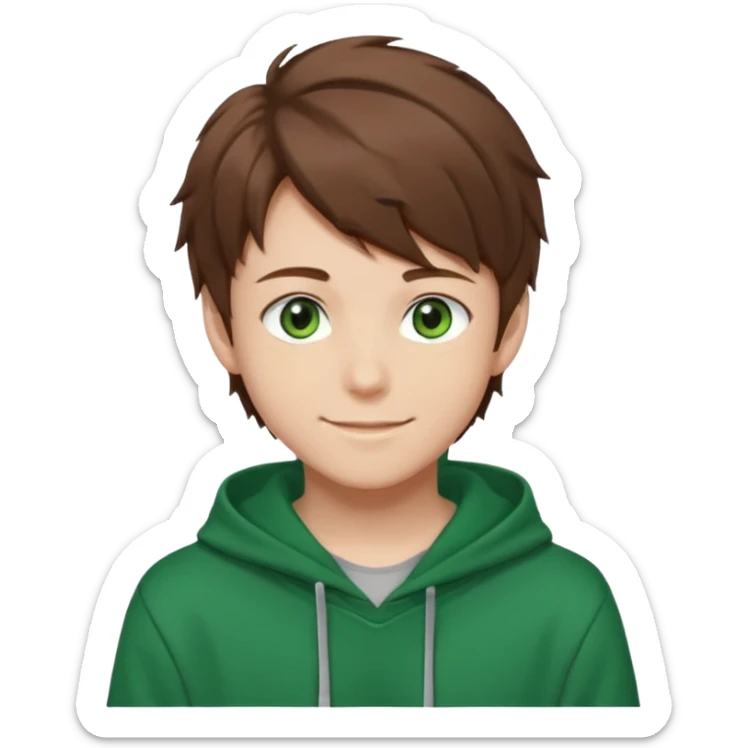 the face of an Anime teen boy with brown hair, green eyes, looking smiling slightly sideways positioned. Face must be main filling of the emoji. A little piece of hoodie can be visible. 128px sticker