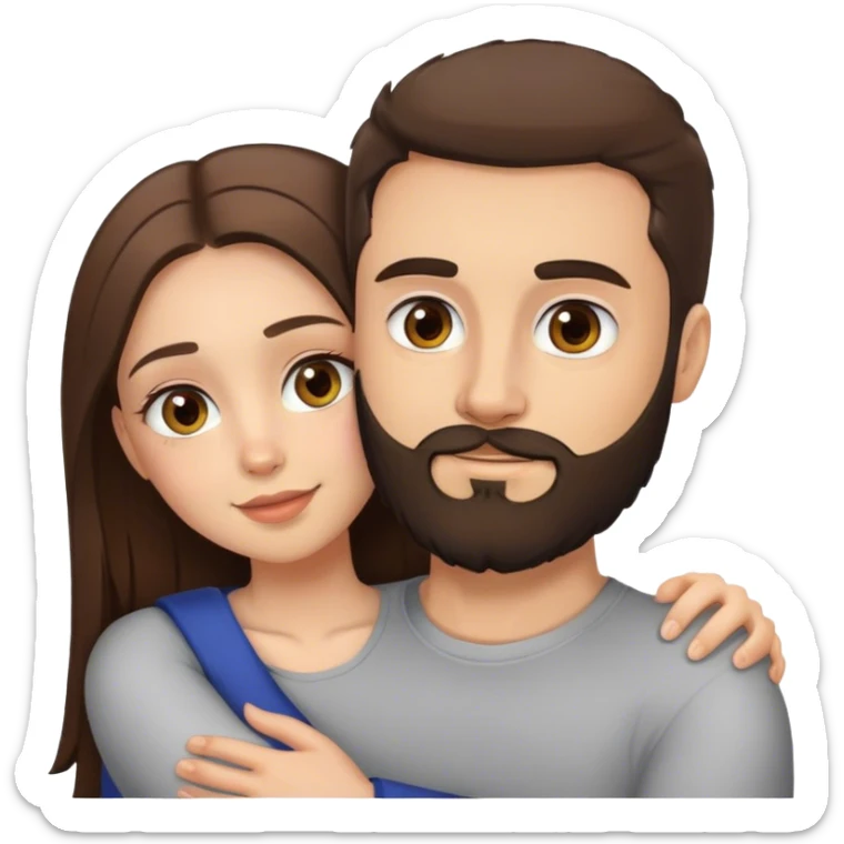 Emoji style couple hugging: a brunette girl with hazel eyes and brunette man with a beard and grey eyes sticker