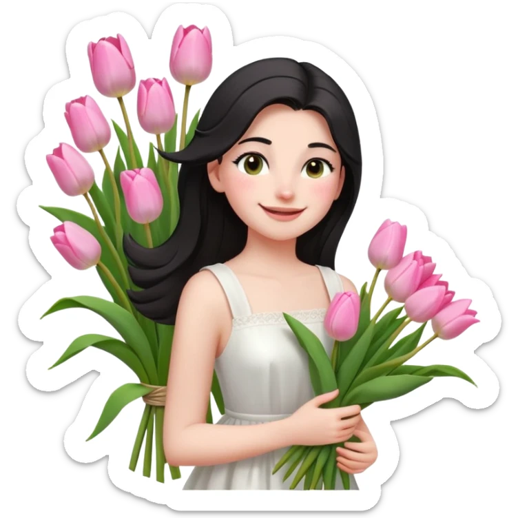  A girl Squint your eyes and smile with a black half-up half-down hairstyle, and a white dress, enjoying the spring breeze.Holding a bundle of pink tulips sticker