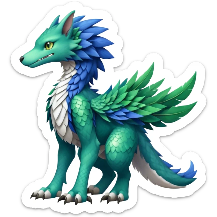 Cute cool fantasy animal hybrid Sergal-Digimon-Fakemon full body, green scales, brown eyes, blue feathers sticker