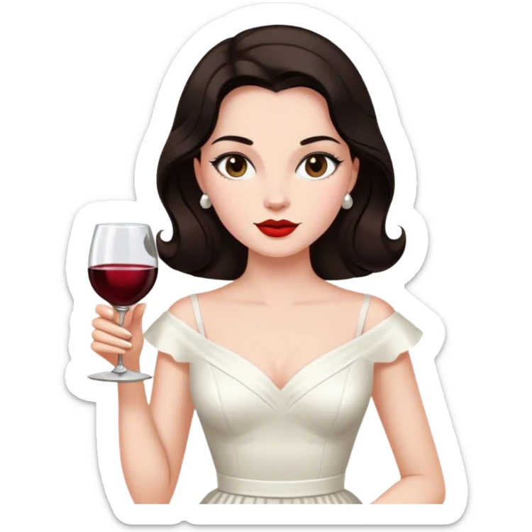 Beautiful woman in 1950’s woman fashion look, white dress, long dark brown hair, wine, sticker