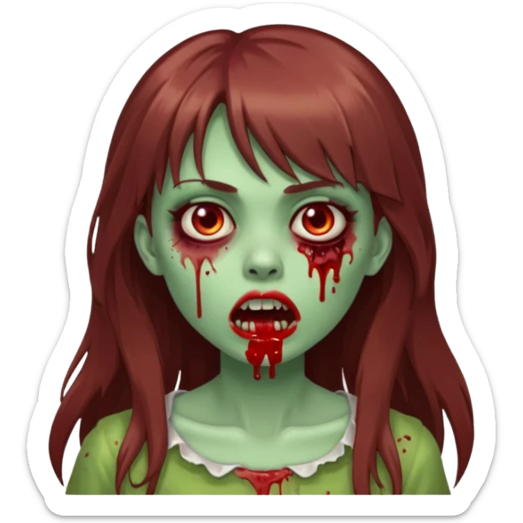 zombie girl, with long brown hair and bangs, green skin and blood in her mouth

 sticker