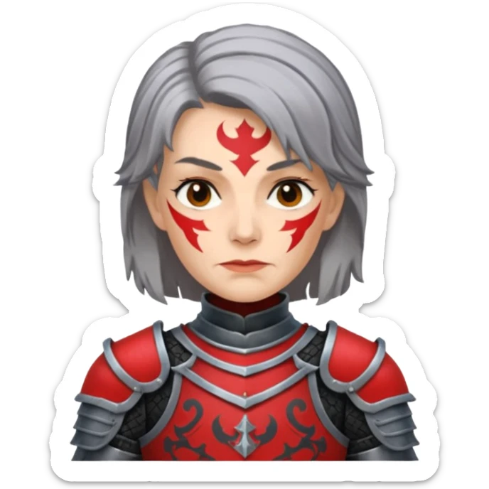 Elderly Tattooed Knights female, with medium hair, red and black armour sticker
