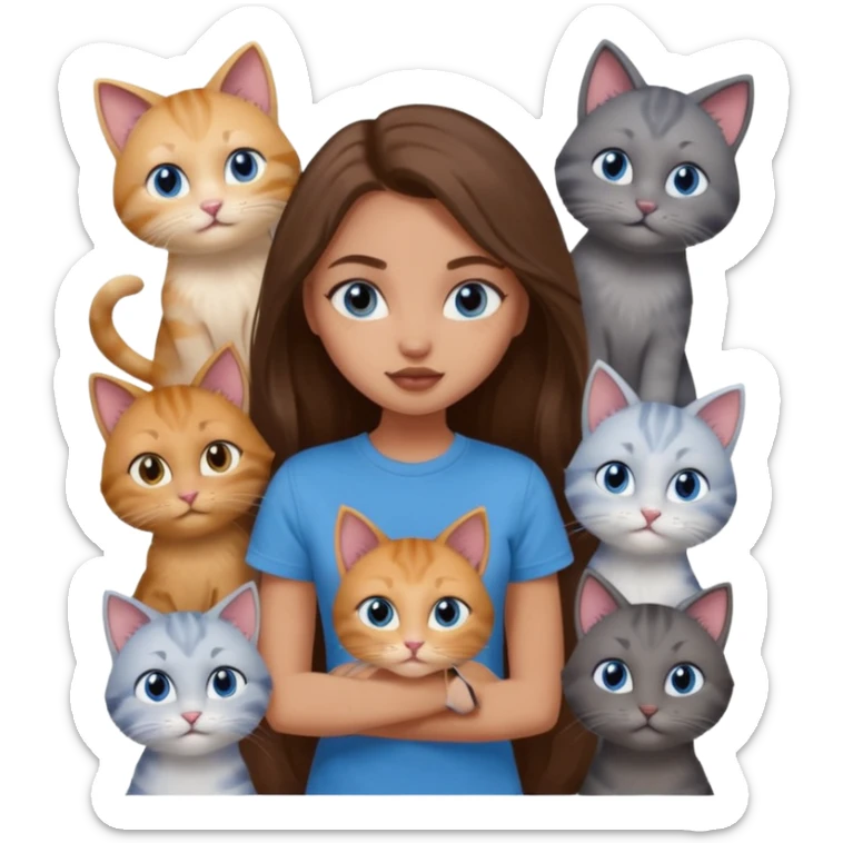 a pretty bratz dusky light skin girl with long brown hair, blue eyes with six cats nd wearing a grey tshirt sticker