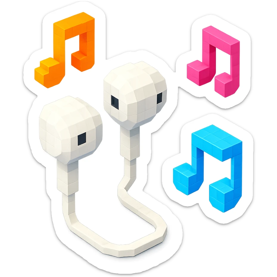 white EarPods headphones with a playful twist, surrounded by music notes sticker