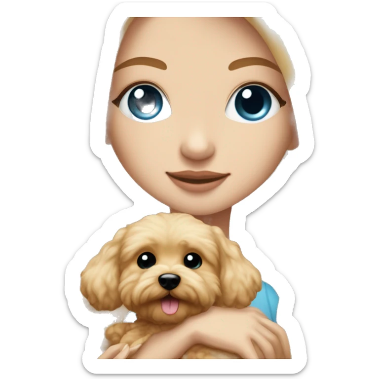 Blonde girl with very long straight hair and blue eyes is hugging a small caramel maltipoo sticker