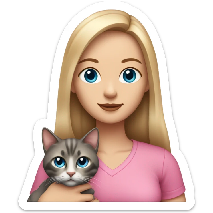 White woman with blue eyes and long dark hair wearing a pink shirt and holding a tabby cat sticker