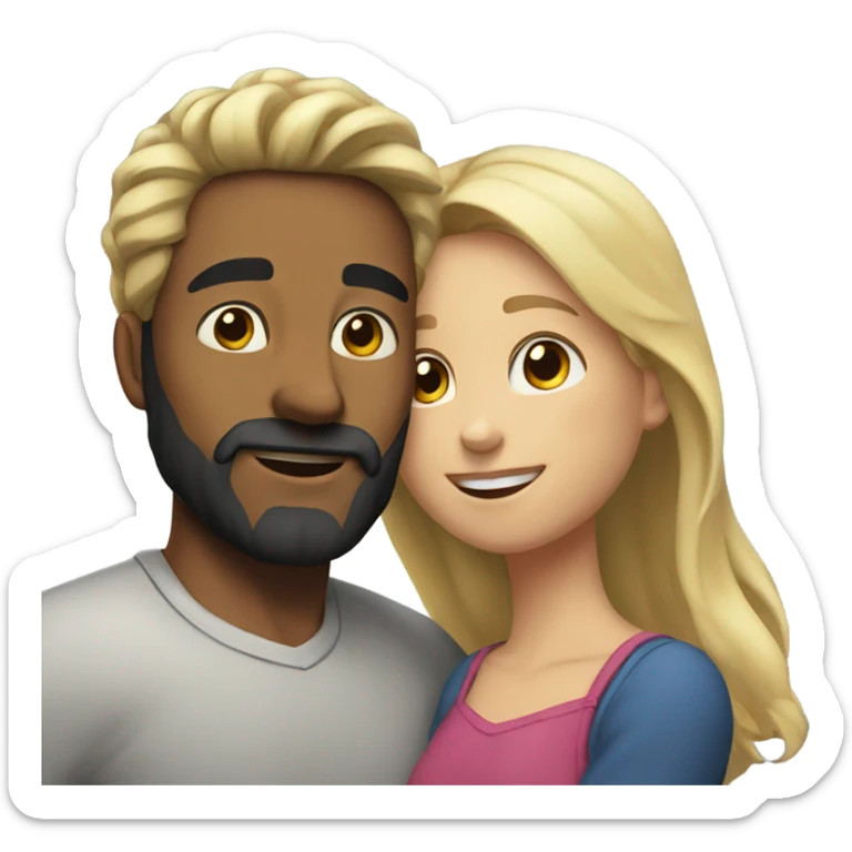 man with beard and black hair and girl with blond wavy hair hugging sticker
