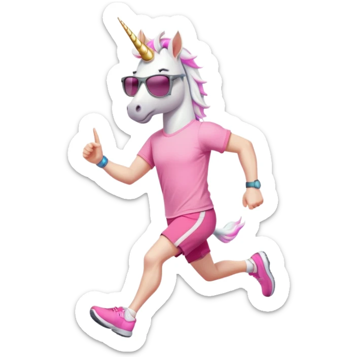 friendly anthropomorphised male white unicorn in grey shorts and pink t-shirt, wearing dark sunglasses, jogging upright in a relaxed pose sticker