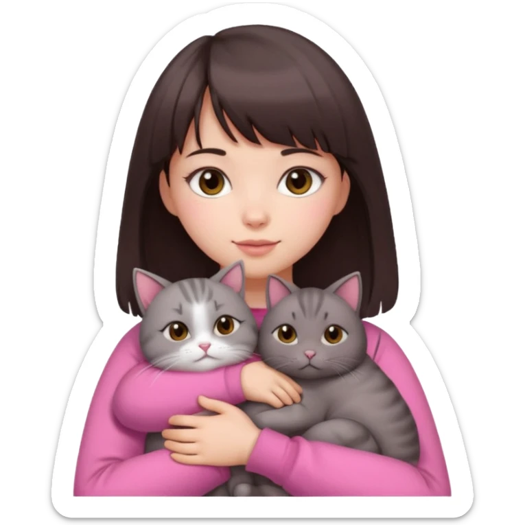 beautiful woman with dark brown straight hair and bangs, brown eyes wear a pink clothes, and white skin hugs a cute chubby cat sticker