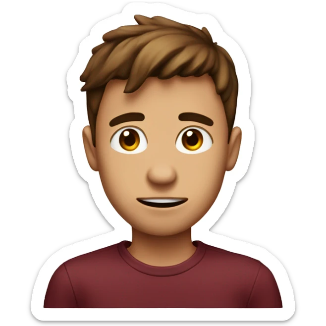 A stupid boy wearing a maroon shirt and the shirt says pee pee head and he has brown hair  sticker