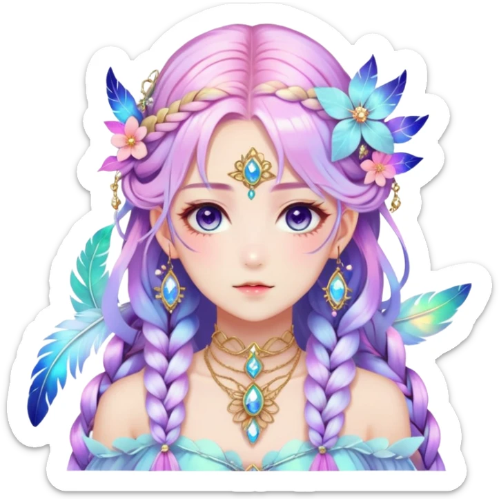 Beautiful gorgeous anime lady with beautiful iridescent-nebula-braided-hair, fashion aesthetic, ethereal, fairycore, pastelcore, feathers, flowers, gems, accessories, jewelries, gold, colorful sticker
