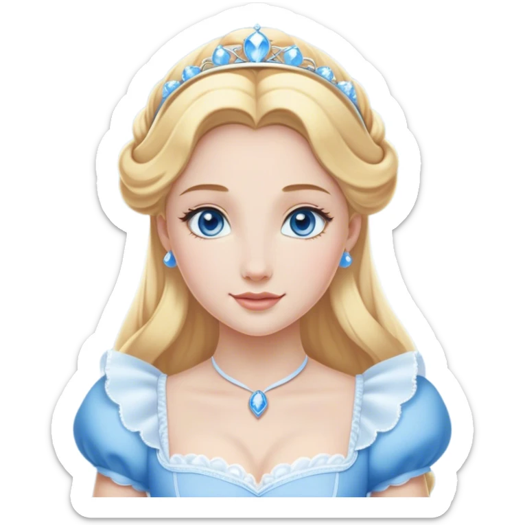 Cinematic Elegant Cinderella Portrait Emoji, Graceful and poised in her classic maid attire, golden locks cascading softly, bright blue eyes full of hope, a gentle glow of kindness and determination, delicate and humble yet undeniably beautiful, evoking the moment before her magical transformation, pure enchantment in her gaze! sticker