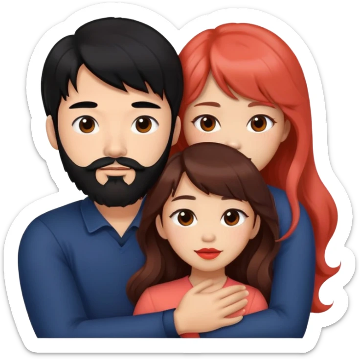 mean handsome asian man with black hair and beard, hugging cute woman with tan skin and long wavy reddish brown hair with bangs and coral lipstick sticker