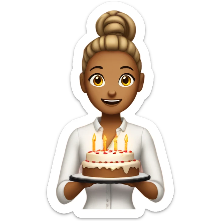 tanned girl with a ponytail bun holding a large cake with the candles lit singing sticker