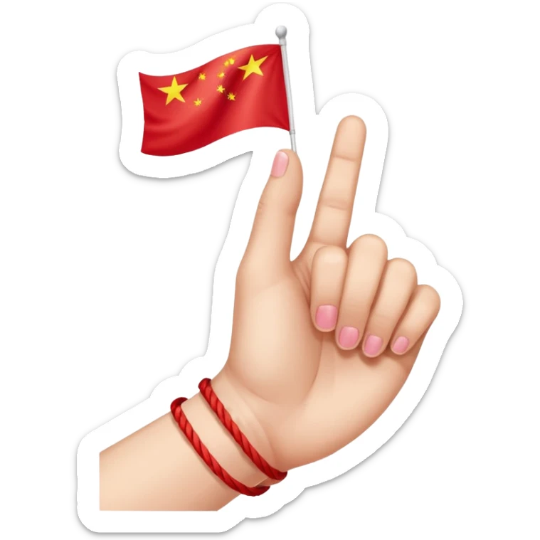 a hand with red string tied up to the pinky finger which shows a China-Hong Kong flag to the red thread of fate sticker