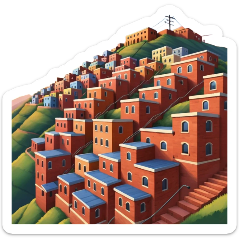 Urban Peruvian hillside neighborhood, brick houses stacked on steep hills, unfinished red brick buildings, colorful painted facades, narrow stairways, electric cables crossing the sky, sunset lighting, realistic style, cinematic, high detail in the desert sticker