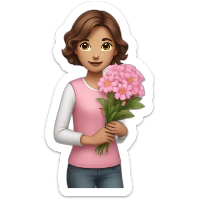 A girl with brown hair is holding a bouquet of pink flowers sticker