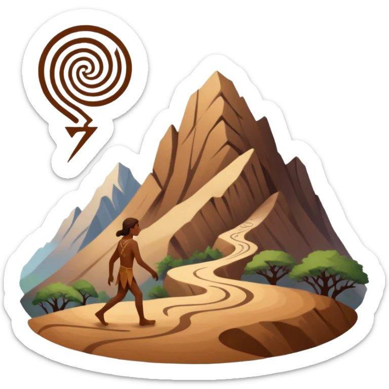 una figura humana sencilla como pintura rupestre caminando hacia una montaña la montaña hecha con líneas curvas primitivas
un animal totémico minimal 
un espiral tipo energía ancestral de fondo 
una mano prehistórica adaptada a ícono
Con una runa moderna inspirada en naturaleza sticker