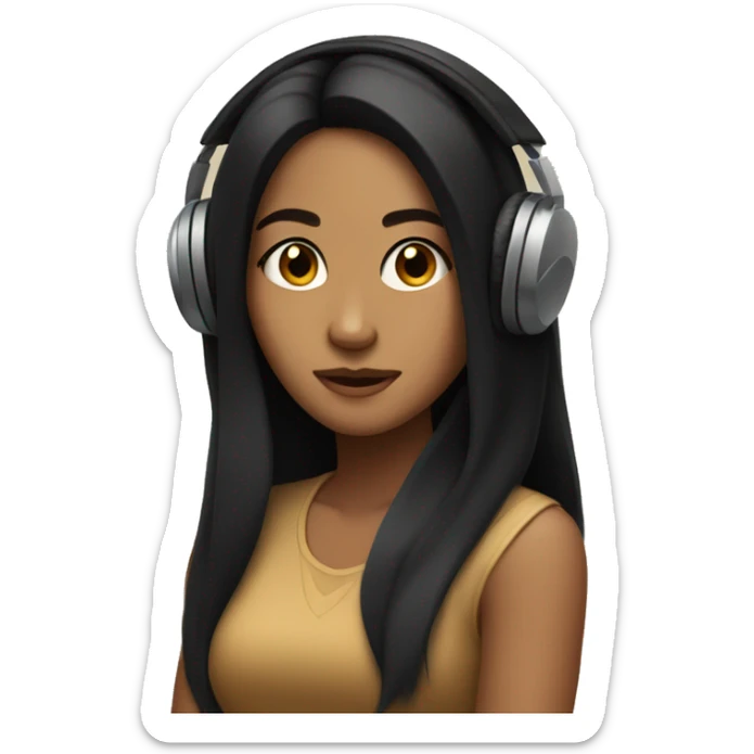tan girl with long black hair listening to music sticker