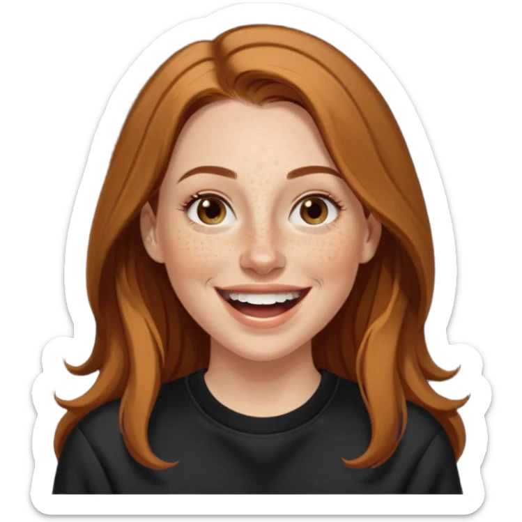 A 38 year old white woman with long brunette hair parted in the middle. She has her nose pierced. Her nose is medium sized. She has brown eyes. She has freckles and is wearing a black sweatshirt and is laughing  sticker