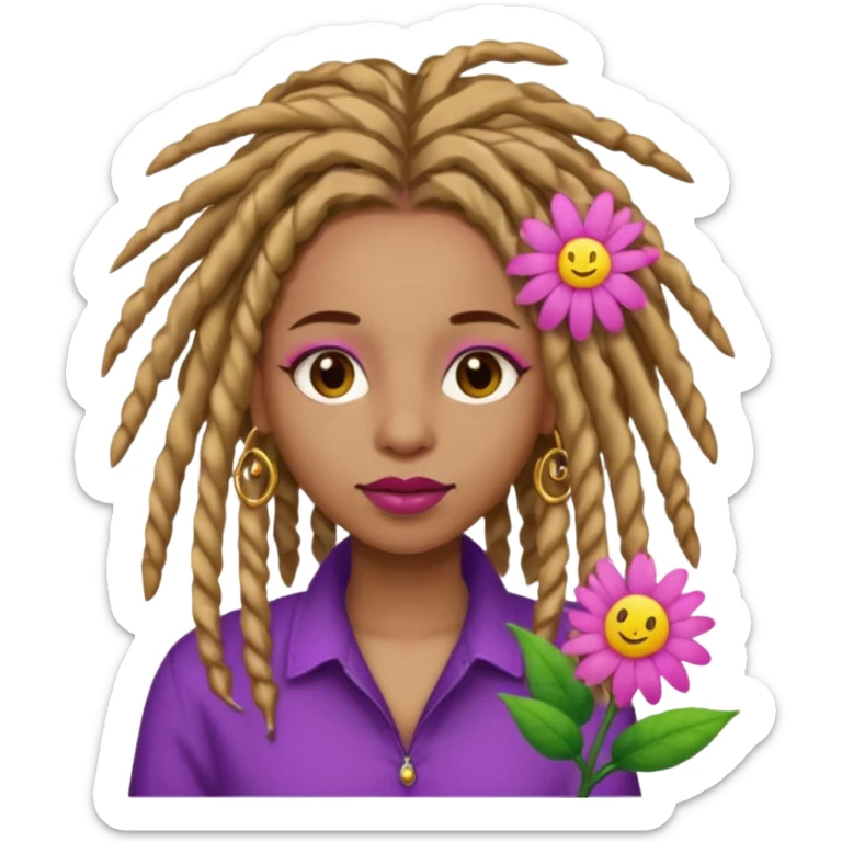 Gold dread locs pink emoji face purple flower in the hair red lipstick light brown face  just the face pink tips on end of locs  sticker