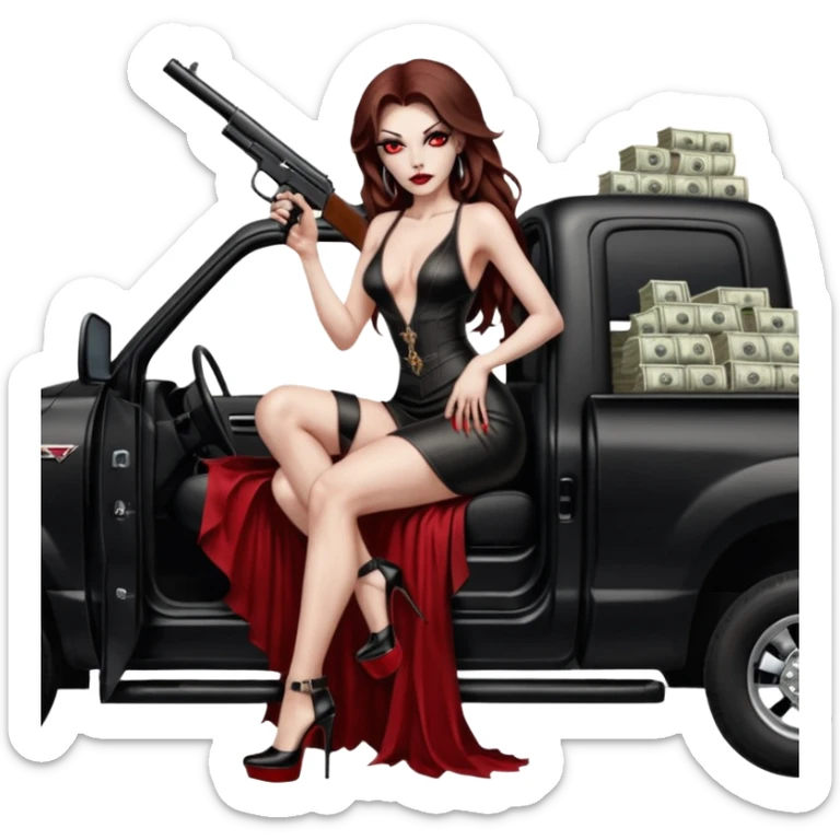 Lilith red eye seductress evil long brown haired sexy succubus woman with leather long dress with slit on, sitting in Big Large F350 pickup truck. Wearing super tall black platform high heels, Back seat full of stacks of cash, she is  Holding a human skull of her enemies and a gun in other hand sticker