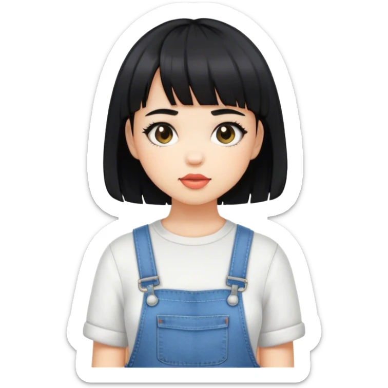 a girl with light skin short black hair with black bangs and wearing cute overalls  sticker