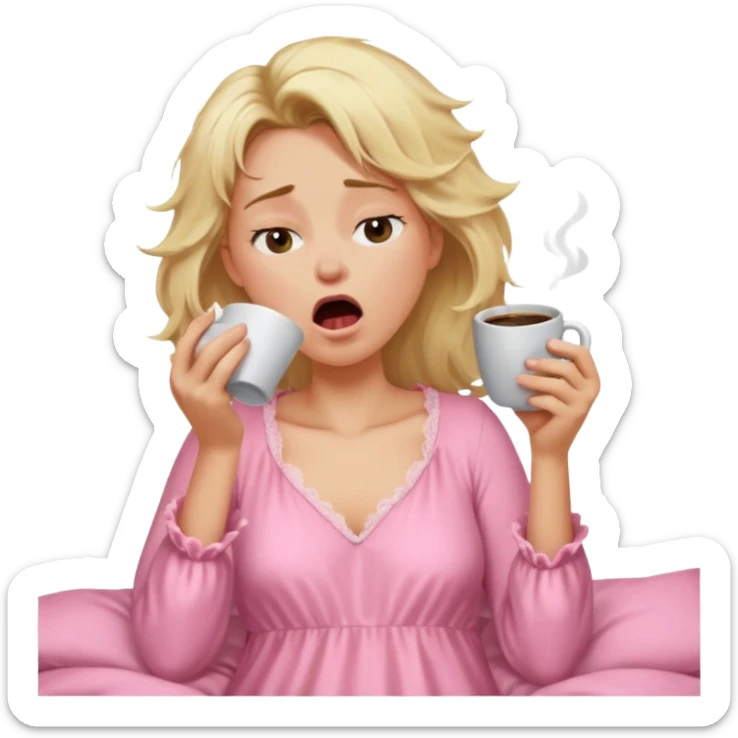 A blonde woman in a pink nightgown yawns, looking sleepy with dark circles under her eyes, drinking coffee, looking like she just woke up sticker
