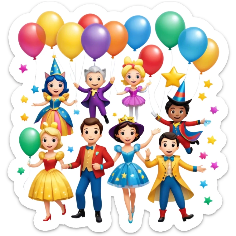 Icon for Animated Movies: A vibrant, colorful collage featuring iconic characters from popular animated films. Include cheerful, playful figures with exaggerated features, bright costumes, and whimsical elements like floating balloons, stars, and sparkles. Transparent background. sticker