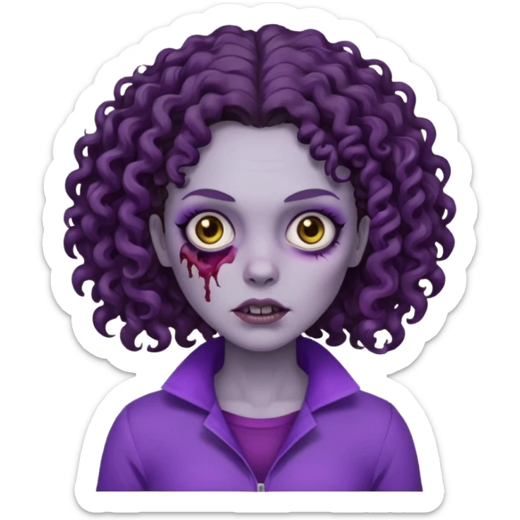 Zombie woman with curly, dark brown hair, purple outfit, and short, flat hair.  sticker