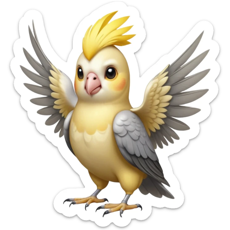 adorable-[cockatiel]-realistic-full-body-perched-emoji,-wings-tucked-neatly,-head-tilted-dramatically,-sleek-[yellow and grey]-feathers,-simplified-yet-realistic-focused-features,-highly-detailed,-glowing-with-an-almost-sarcastic-glow sticker