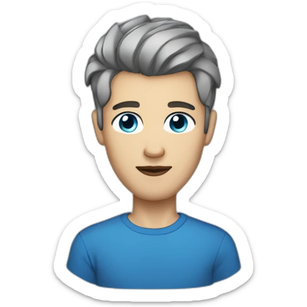Scandinavian man blue eyes dark grey hair, short hair on the sides, more hair on the top large lips, slim face, tshirt sticker