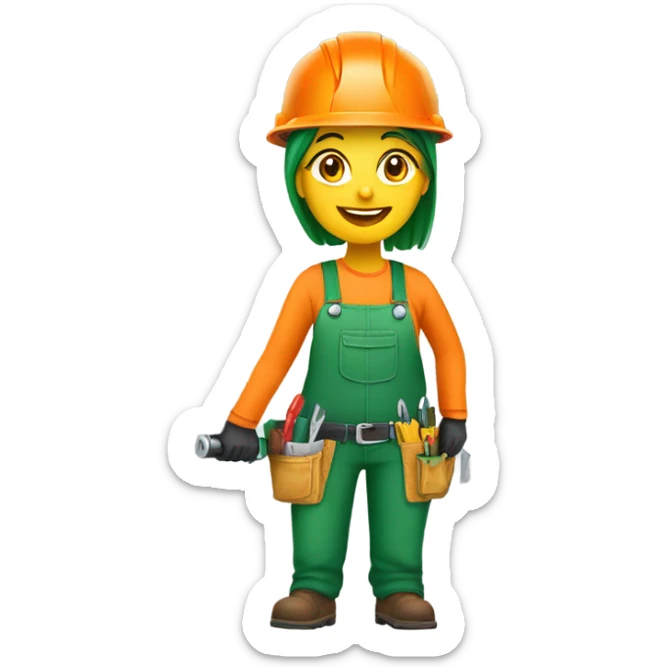 carpenter, woman with hardhat, with screwdriver, green clothing, yellow skin, view only shows head, smiling eagerly, hardhat in orange sticker