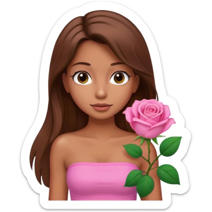 A tanned girl's face waved long brown hair with pink rose with pink tube top sticker