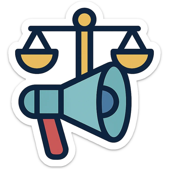 minimalist icon for advocacy consulting firm, megaphone and scales of justice intertwined, subtle gold navy blue accents, represents empowerment positive change sticker