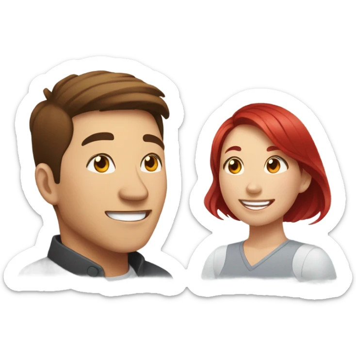 An Asian man with brown hair and an Asian woman with red hair are lying on their stomachs on a bed, smiling and talking. sticker