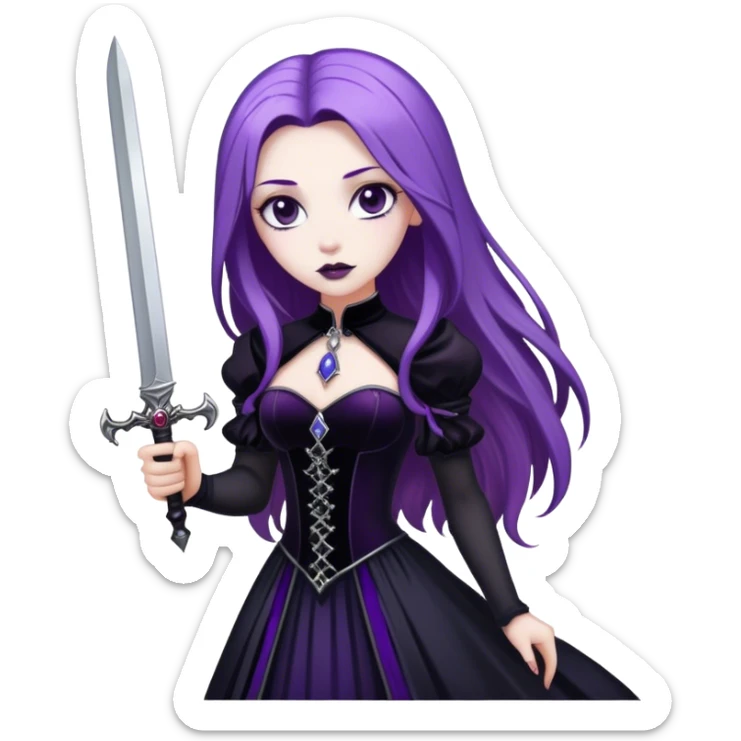 A gothic princess with long purple hair, in a black velvet dress, holding a silver dagger. sticker